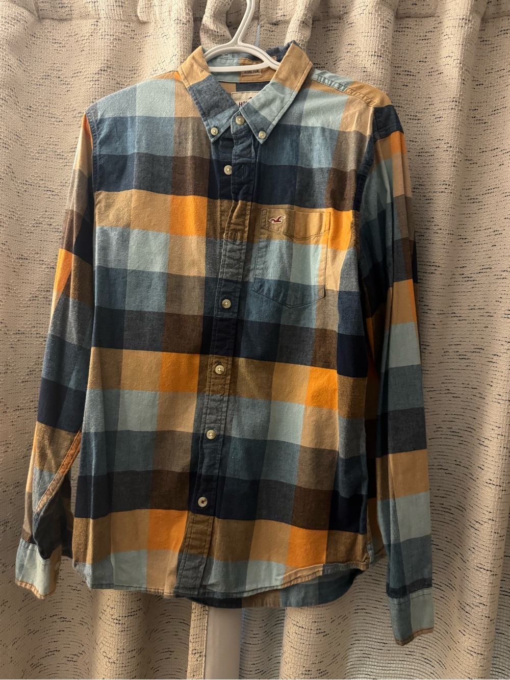 Hollister Men’s Plaid Button-Down Shirt in Blue, Mustard & Navy